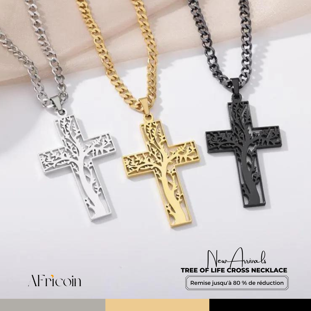 Élégant Collier Croix Arbre de Vie - Pendentif Religieux Unisexe en Acier Inoxydable