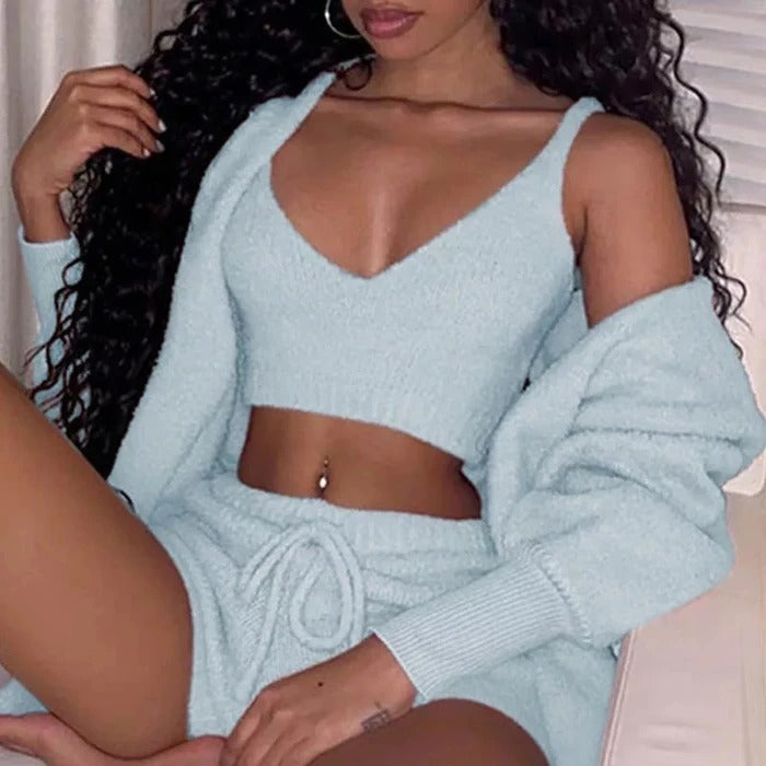 3pcs Womens Clothing Long Sleeve Crop Tank Top And Drawstring Shorts Pajama
