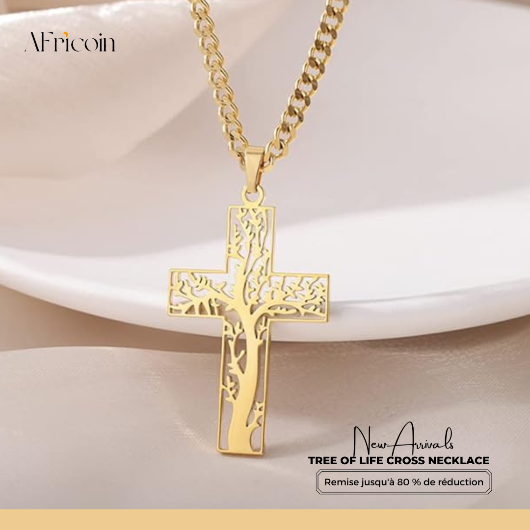 Élégant Collier Croix Arbre de Vie - Pendentif Religieux Unisexe en Acier Inoxydable