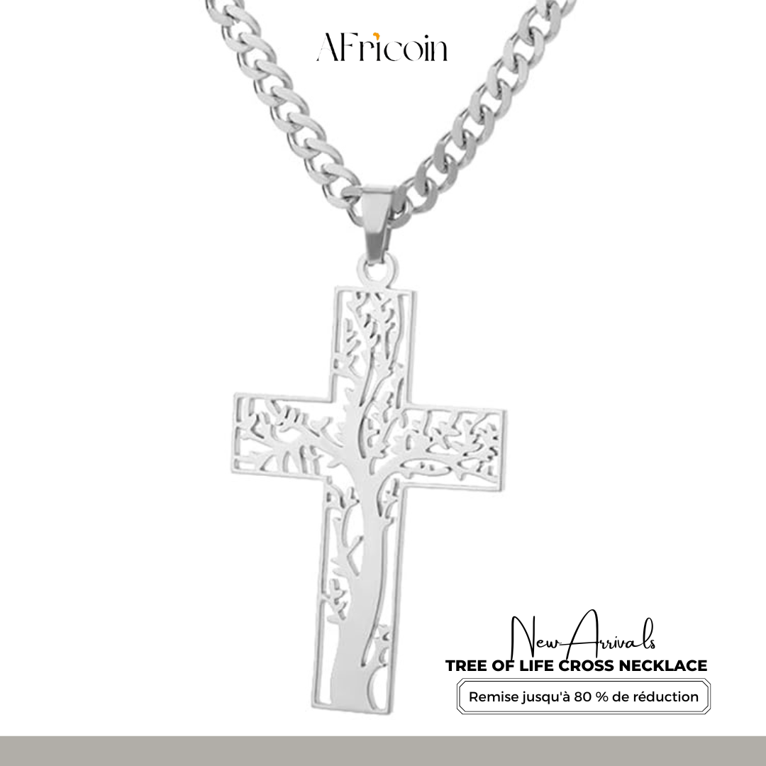 Élégant Collier Croix Arbre de Vie - Pendentif Religieux Unisexe en Acier Inoxydable