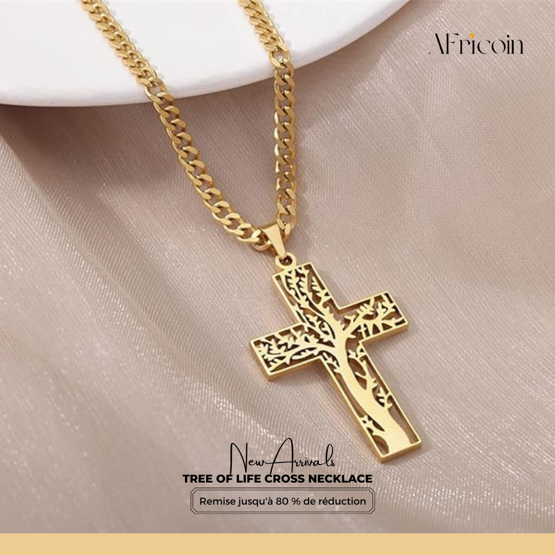 Élégant Collier Croix Arbre de Vie - Pendentif Religieux Unisexe en Acier Inoxydable