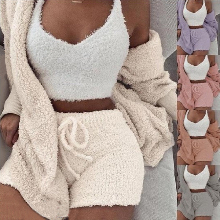 3pcs Womens Clothing Long Sleeve Crop Tank Top And Drawstring Shorts Pajama