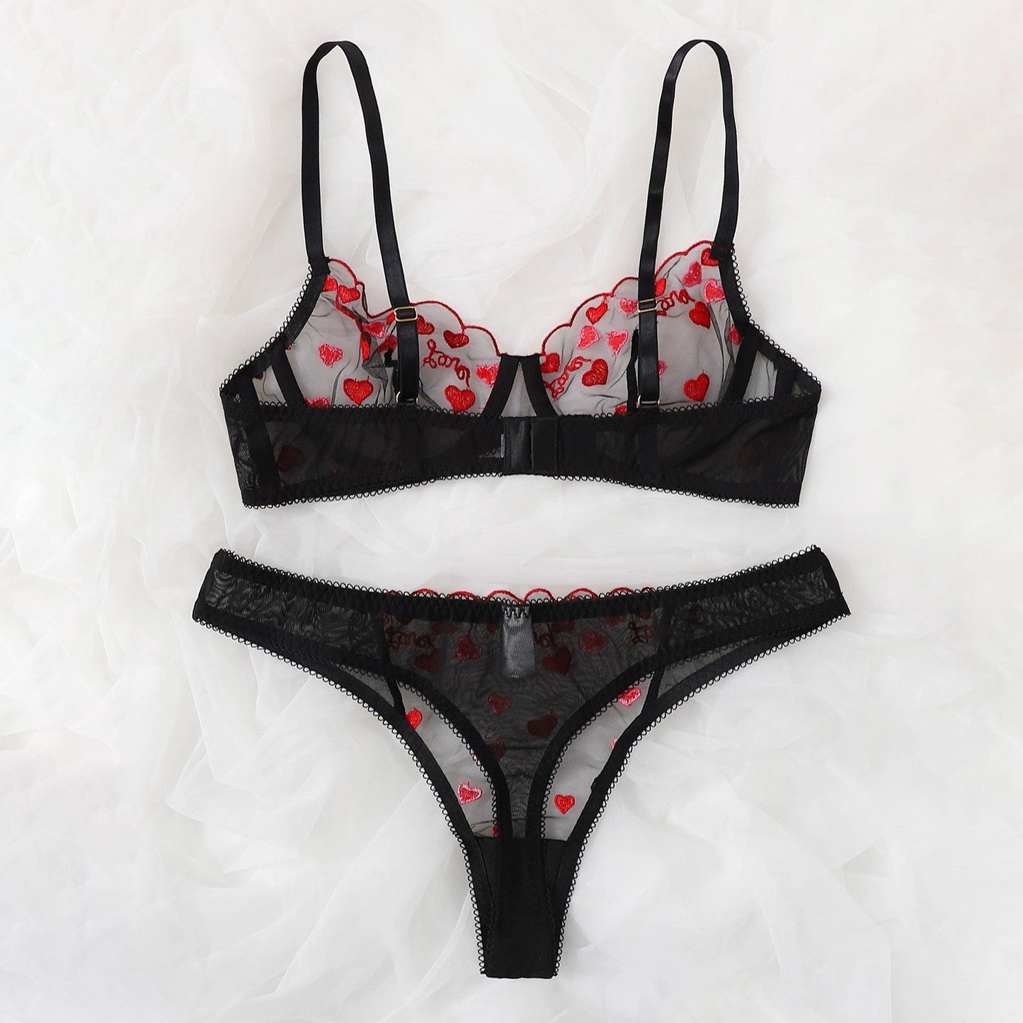 Ladies' Mesh See-through Love Three-point Sexy Suit