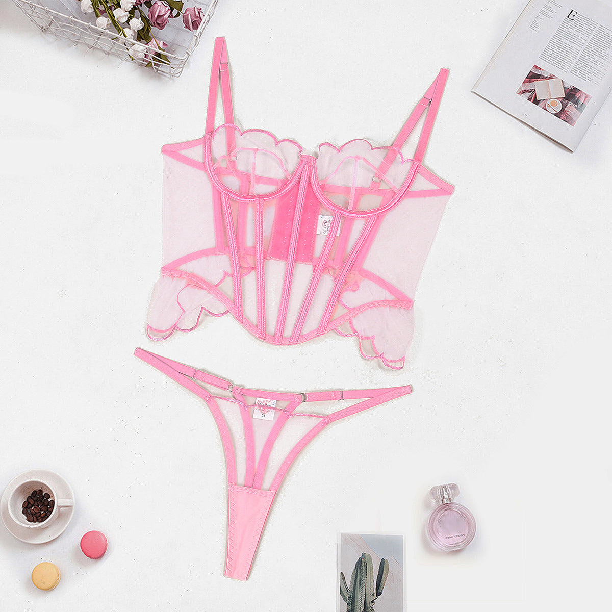 Shaping Sling Wave Mesh Edge Joint Fishbone Underwear Two-piece
