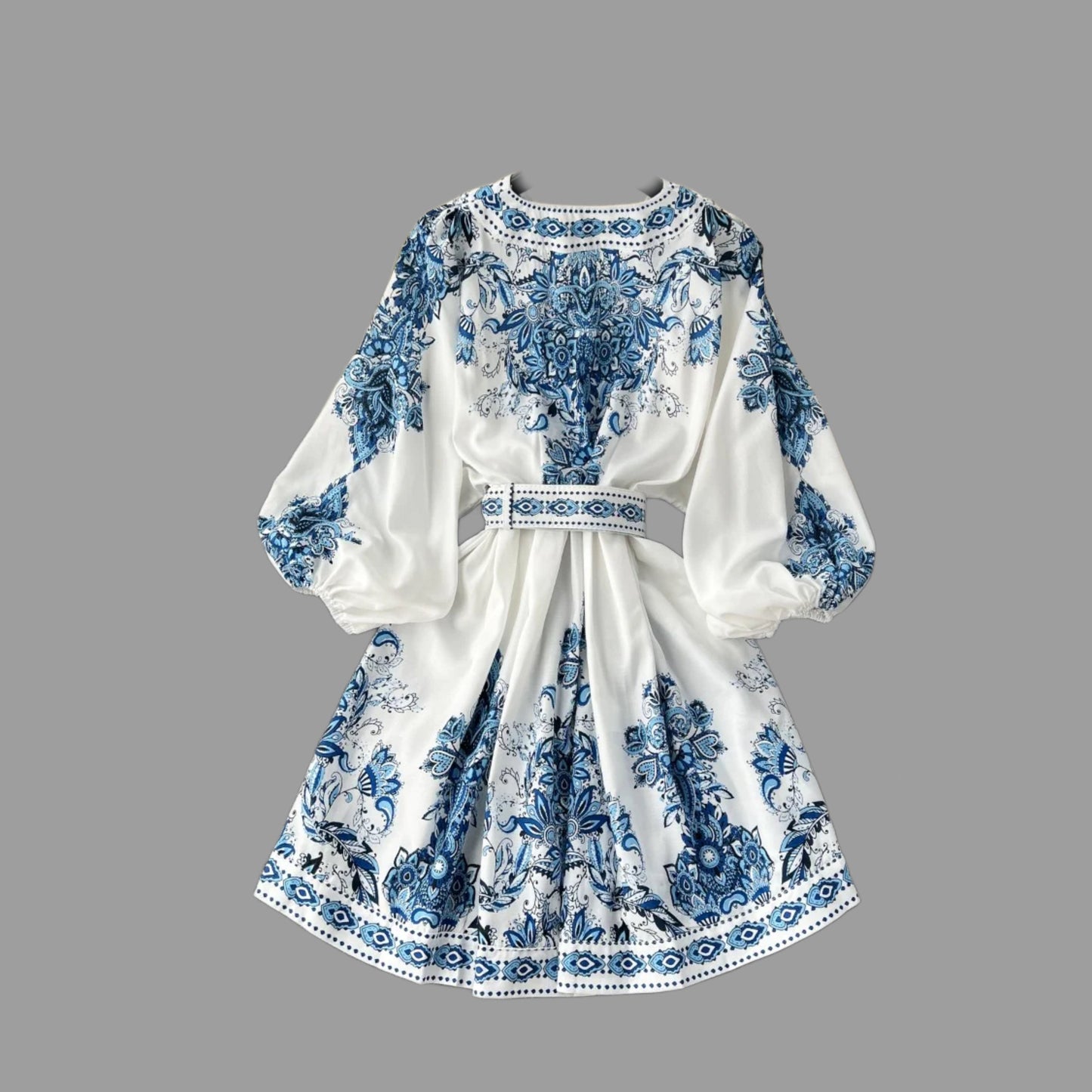 Vintage Print Elegant V-eck Long Sleeve Dress