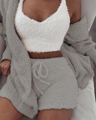 3pcs Womens Clothing Long Sleeve Crop Tank Top And Drawstring Shorts Pajama - Touches