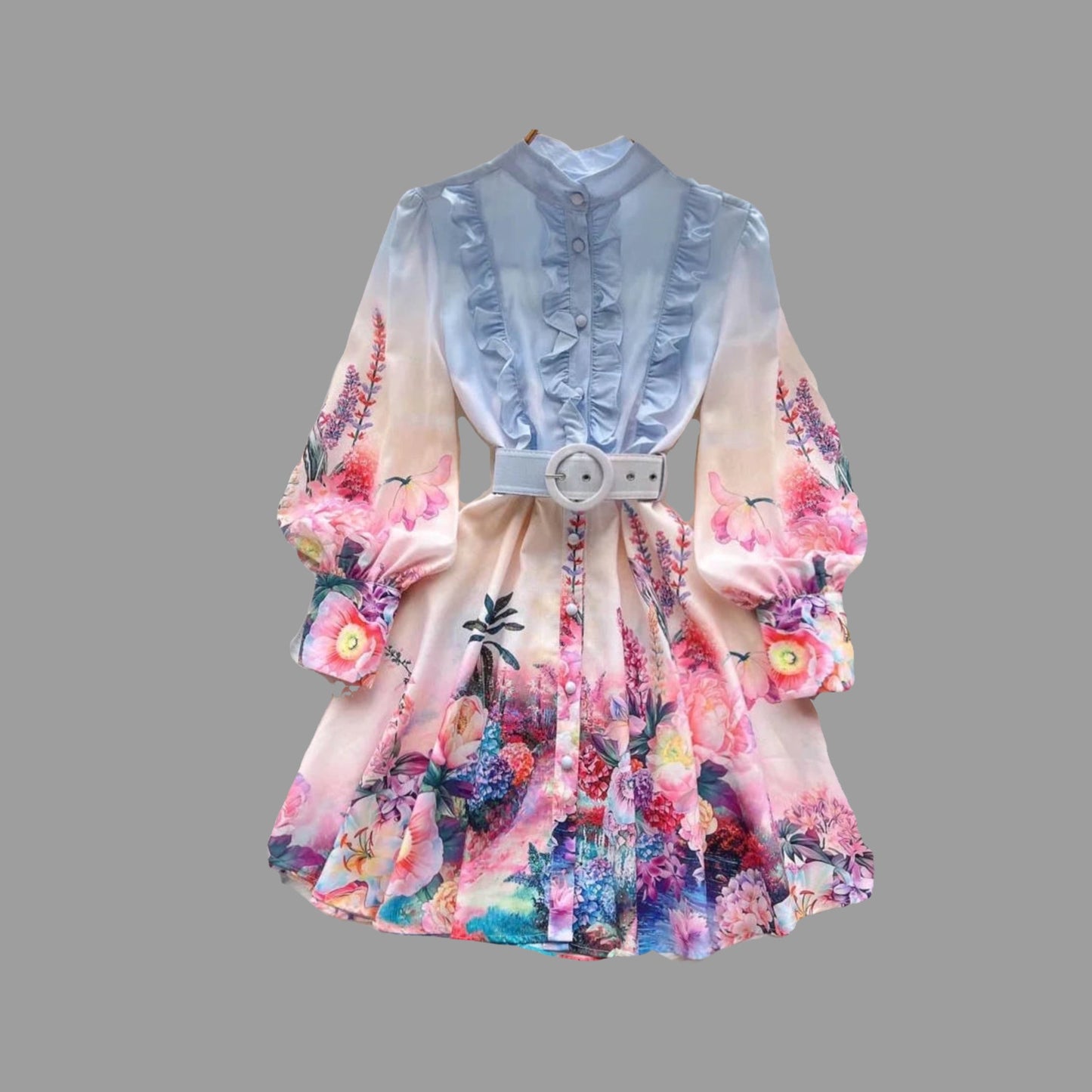 Elegant Gradien Short Dress Women's Linen Stand Long Lantern Sleeve Flower Print