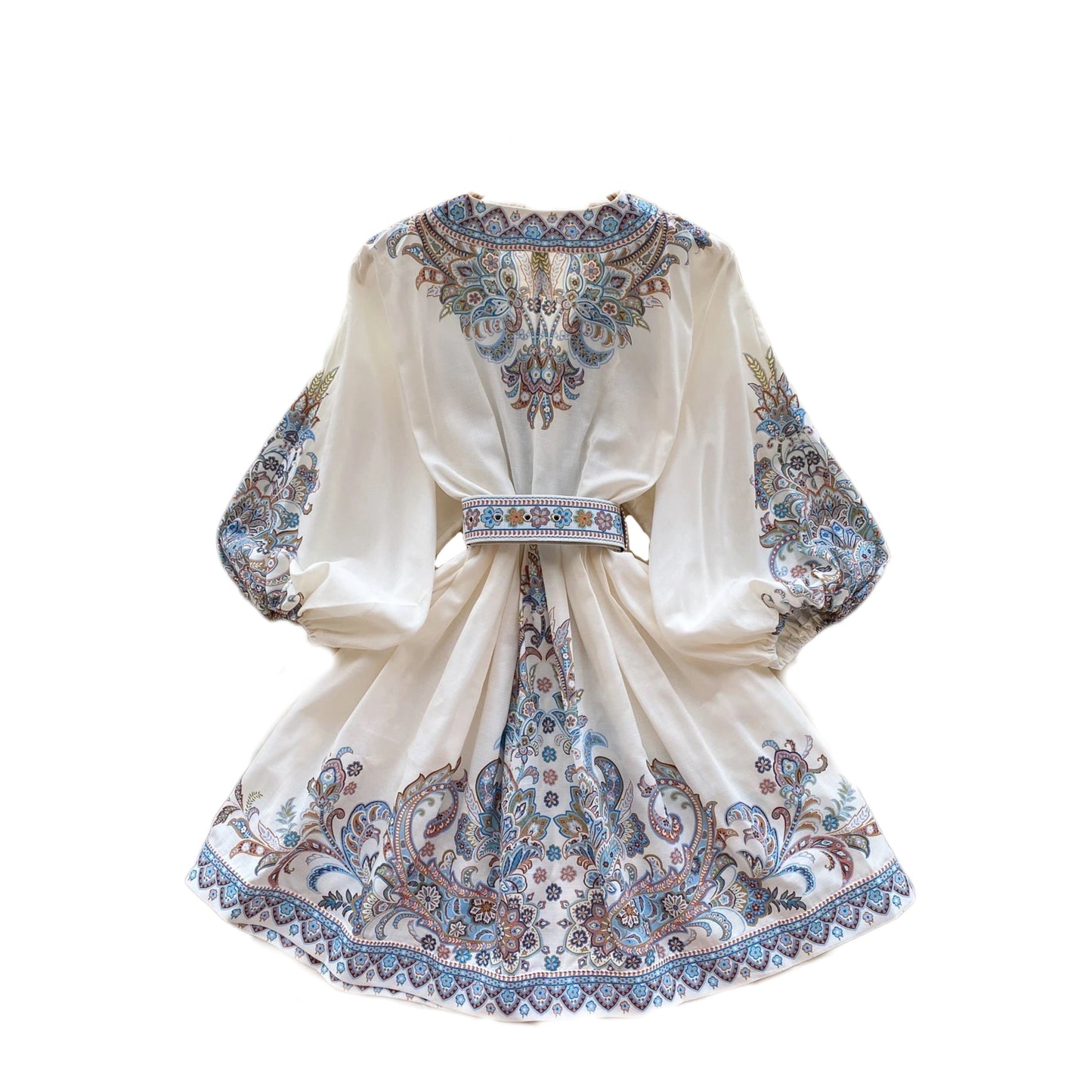French Print V-neck Belt Puff Sleeve Long Sleeve Casual Women Dress
