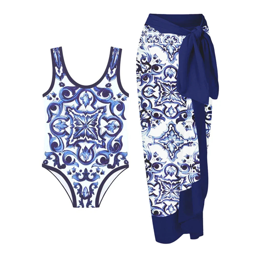 Vintage Print One Piece Brazilian Swimsuit Set
