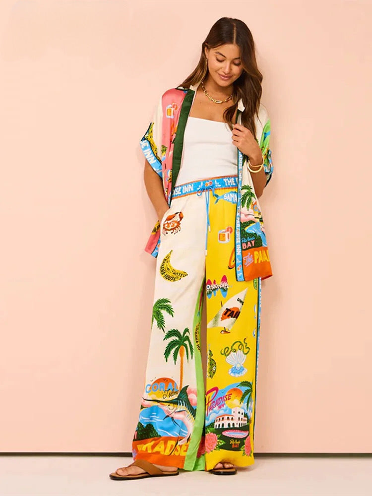 Summer Printed Short-sleeved Color Matching Rope Trousers Suit