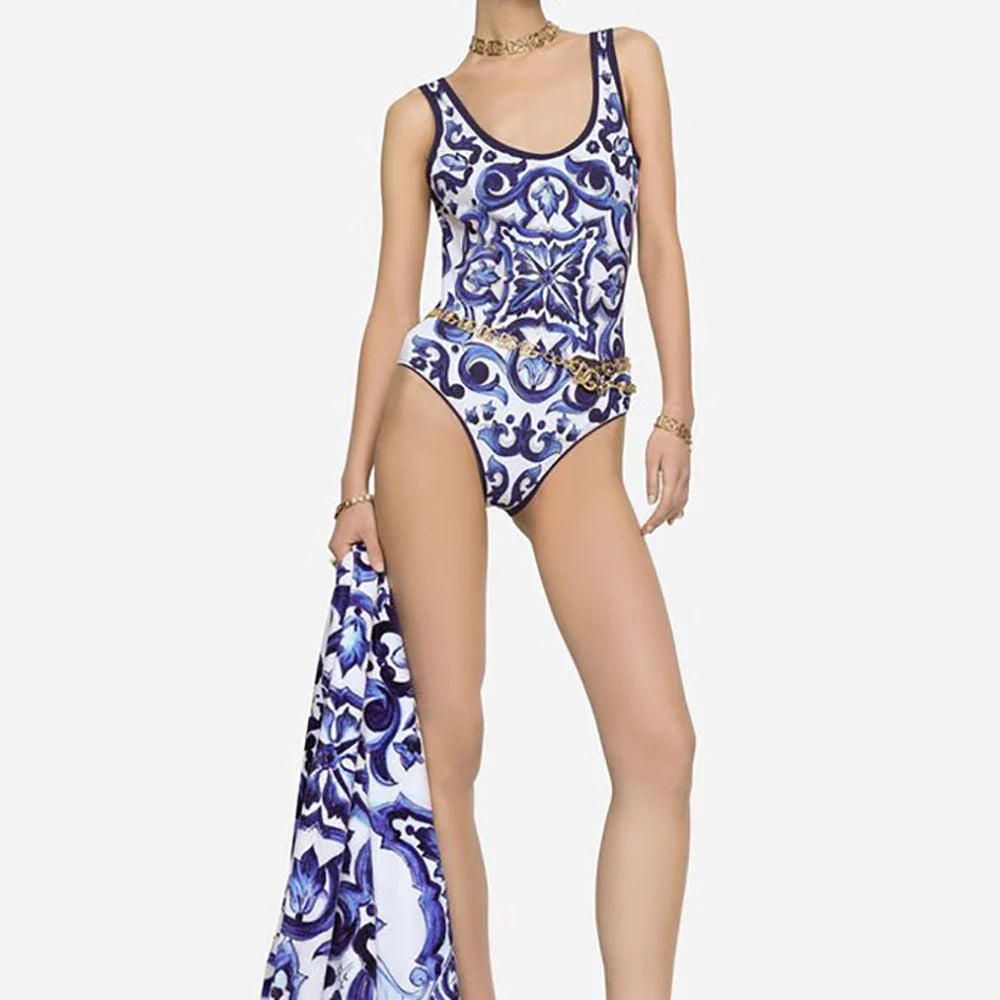 Vintage Print One Piece Brazilian Swimsuit Set