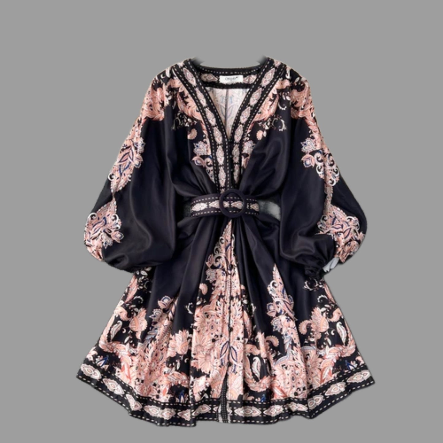 Vintage Print Elegant V-eck Long Sleeve Dress