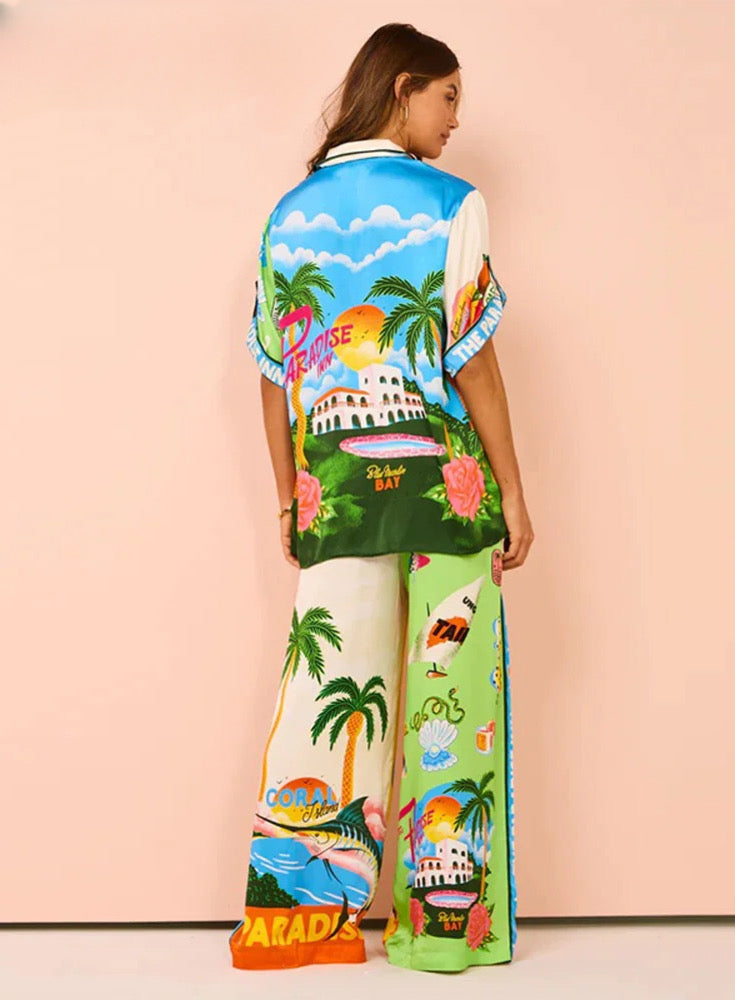 Summer Printed Short-sleeved Color Matching Rope Trousers Suit