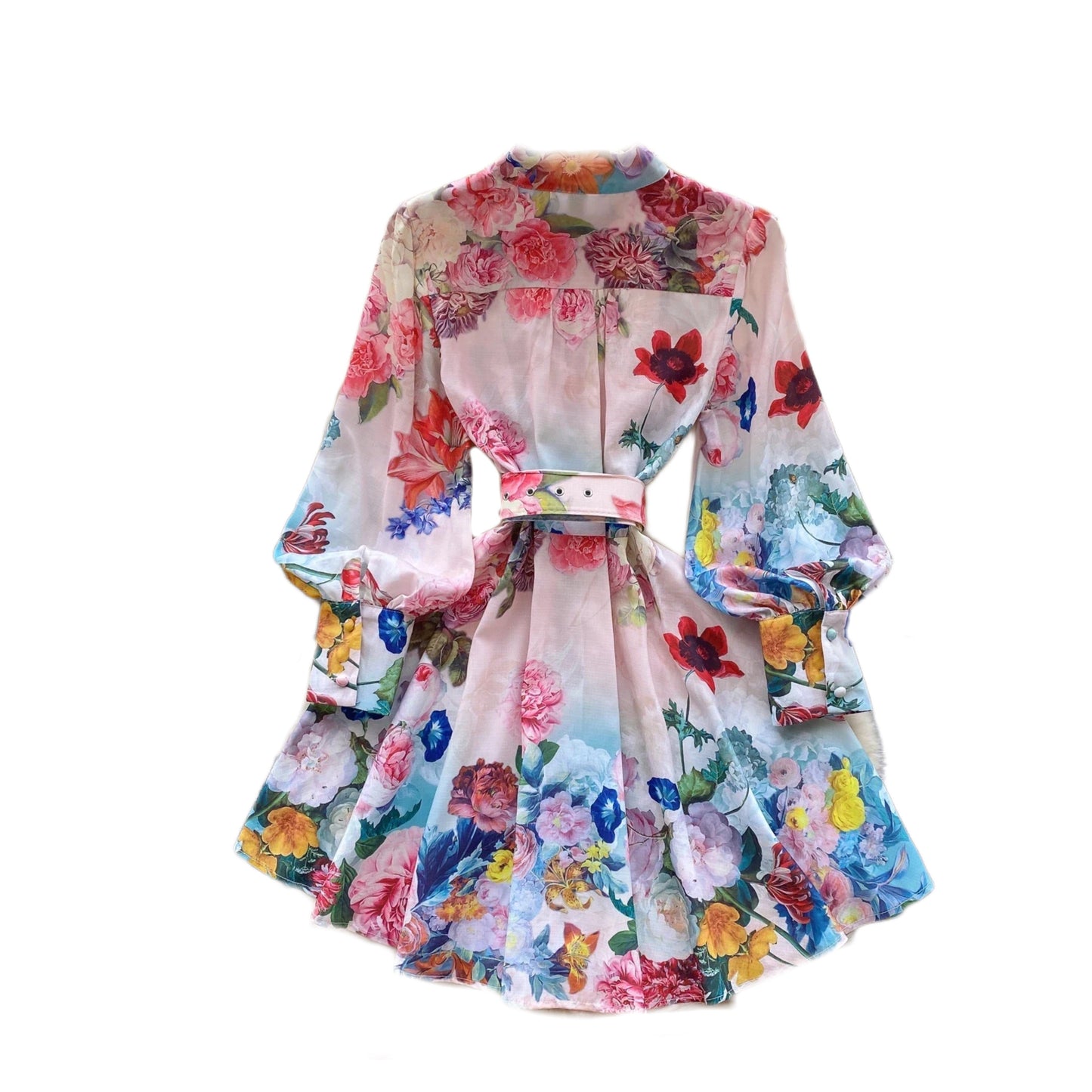 Print Belt Lantern Long Sleeve Dress