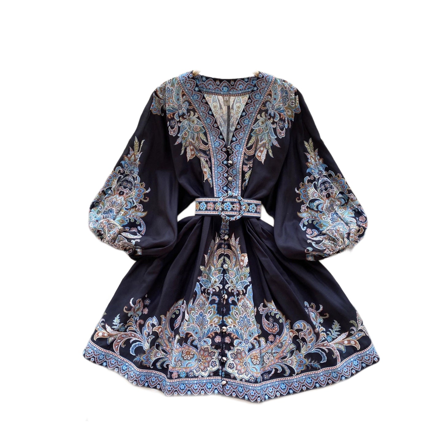 French Print V-neck Belt Puff Sleeve Long Sleeve Casual Women Dress