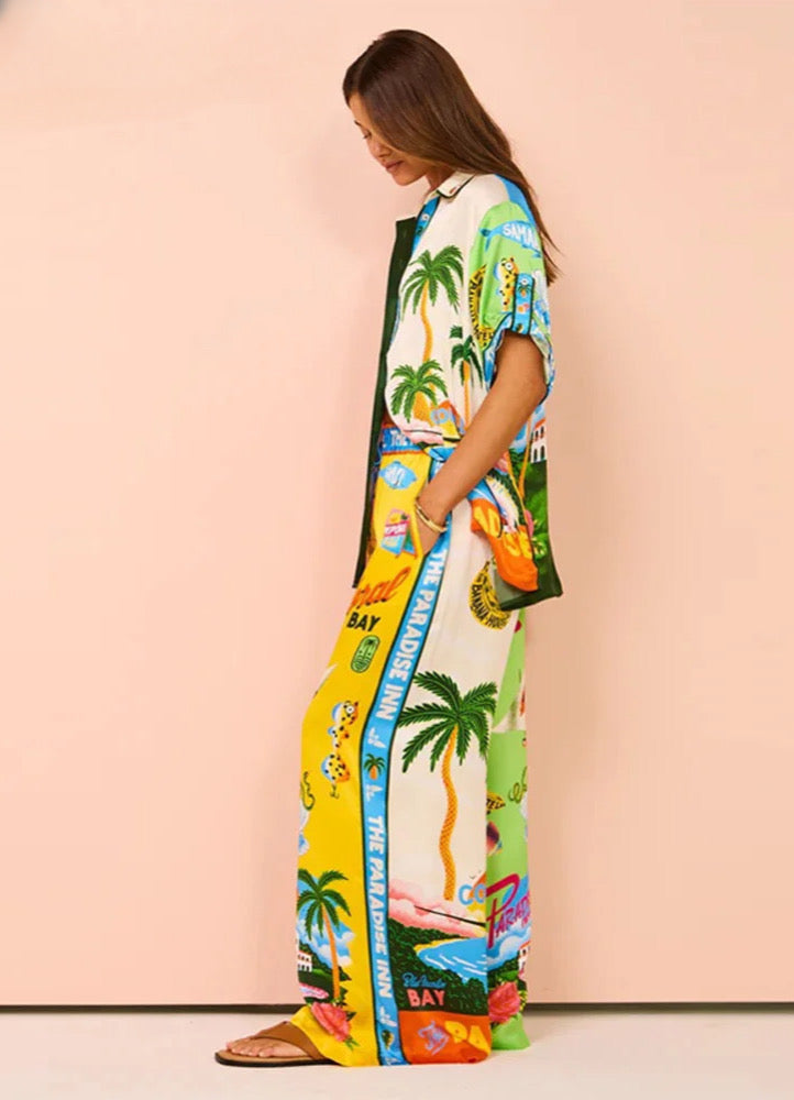 Summer Printed Short-sleeved Color Matching Rope Trousers Suit