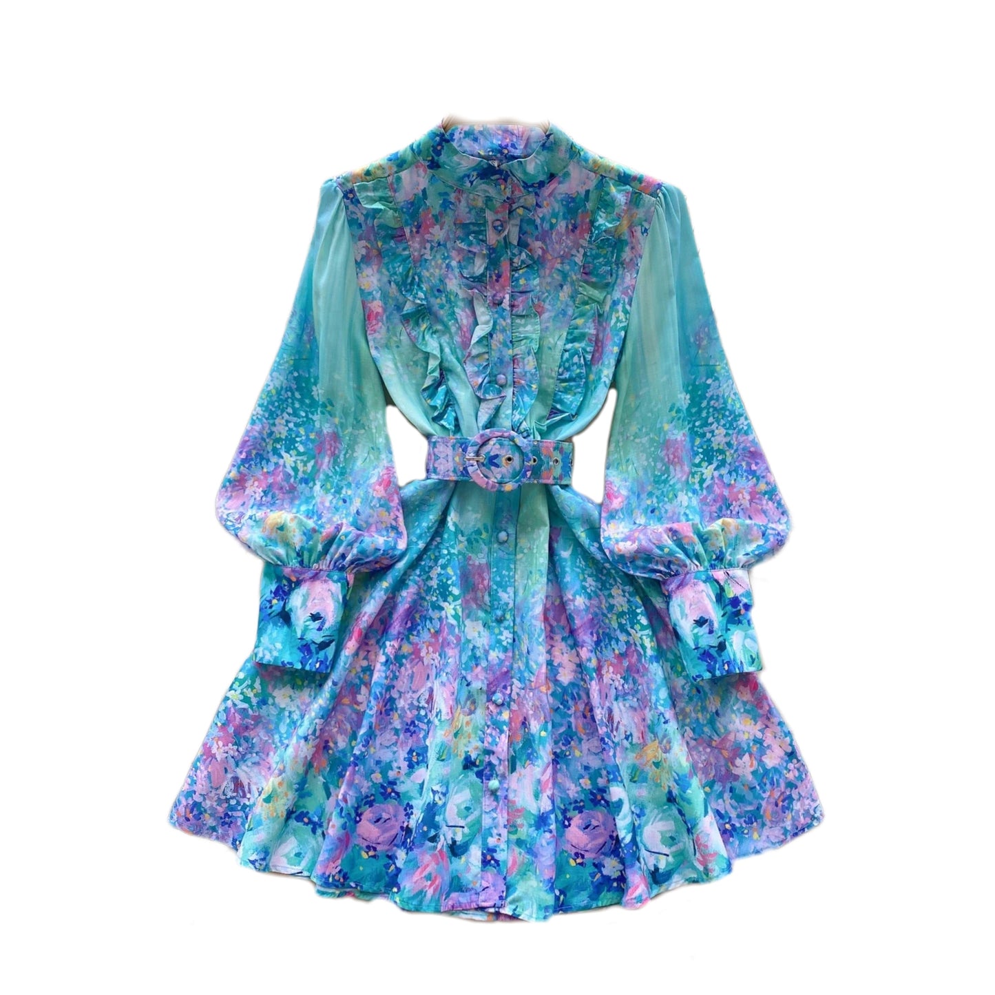 Print Belt Lantern Long Sleeve Dress