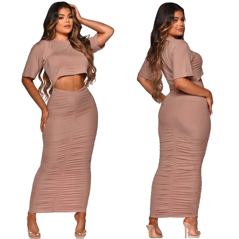 Sexy Elegant Women Skirt Set Half Sleeve Crop Top T Shirt+Skirts