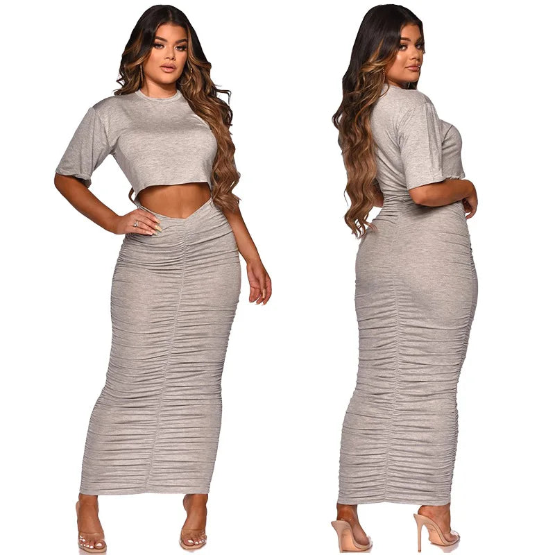 Sexy Elegant Women Skirt Set Half Sleeve Crop Top T Shirt+Skirts