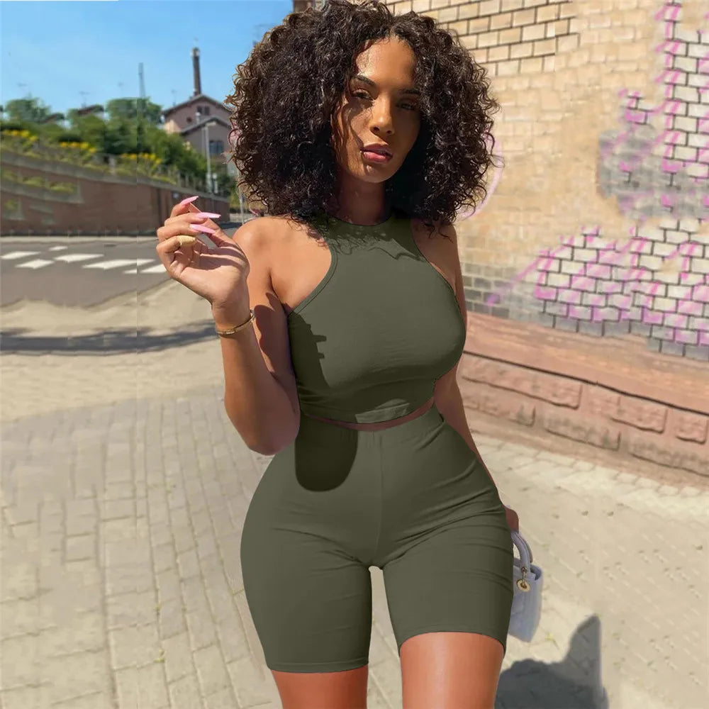 Sleeveless High Waist Tracksuits Women Matching Sets 2 Piece Tight Set Sexy Short Tank Tops And Shorts Summer