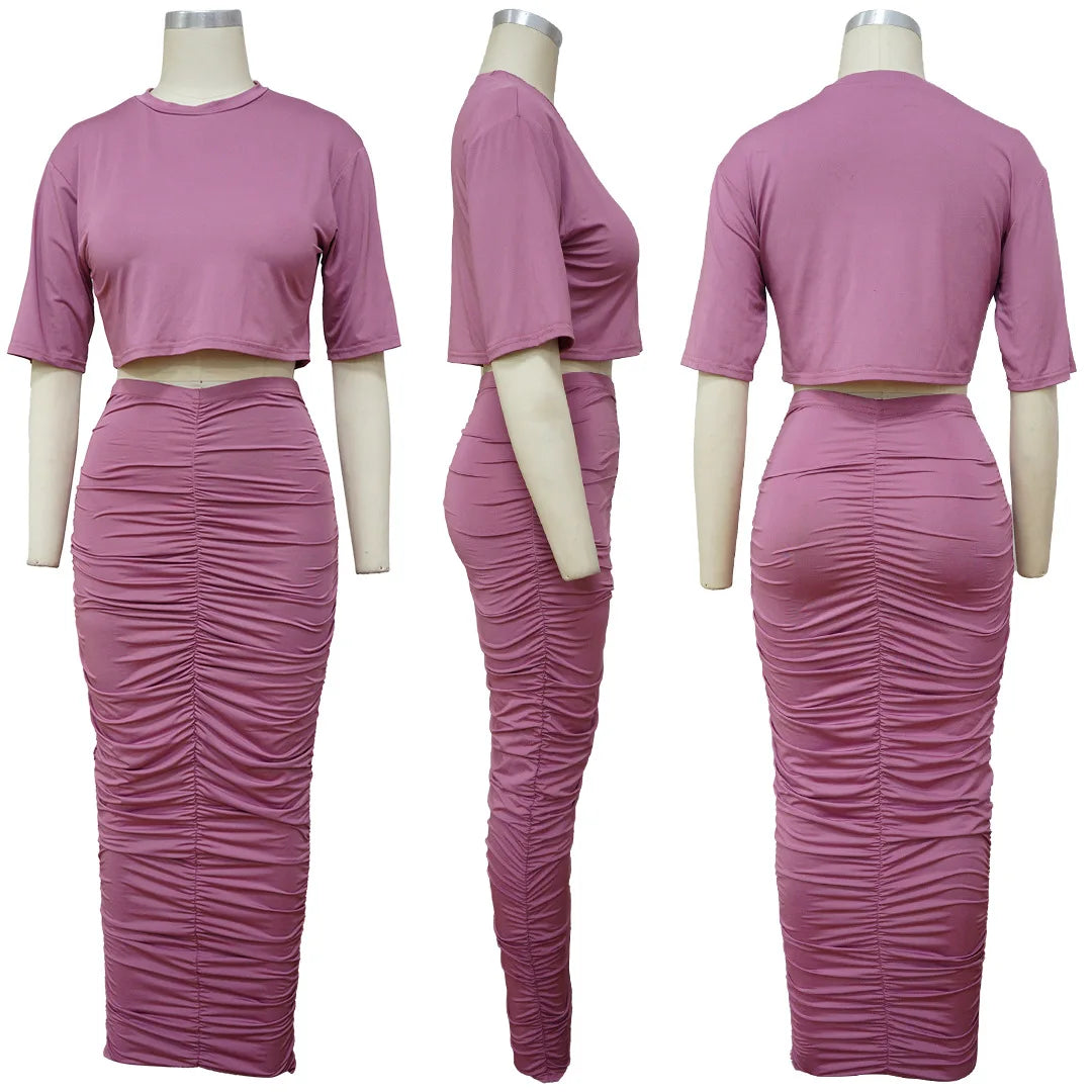 Sexy Elegant Women Skirt Set Half Sleeve Crop Top T Shirt+Skirts