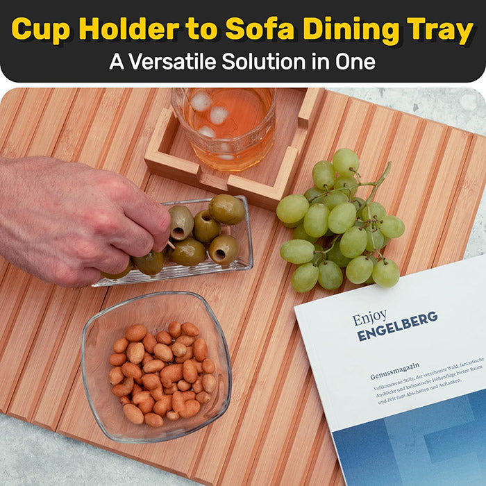 Plateau de canapé pliable en bambou avec porte-gobelet et finition laquée pour salon