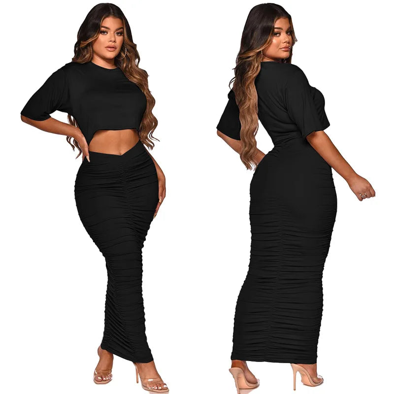 Sexy Elegant Women Skirt Set Half Sleeve Crop Top T Shirt+Skirts