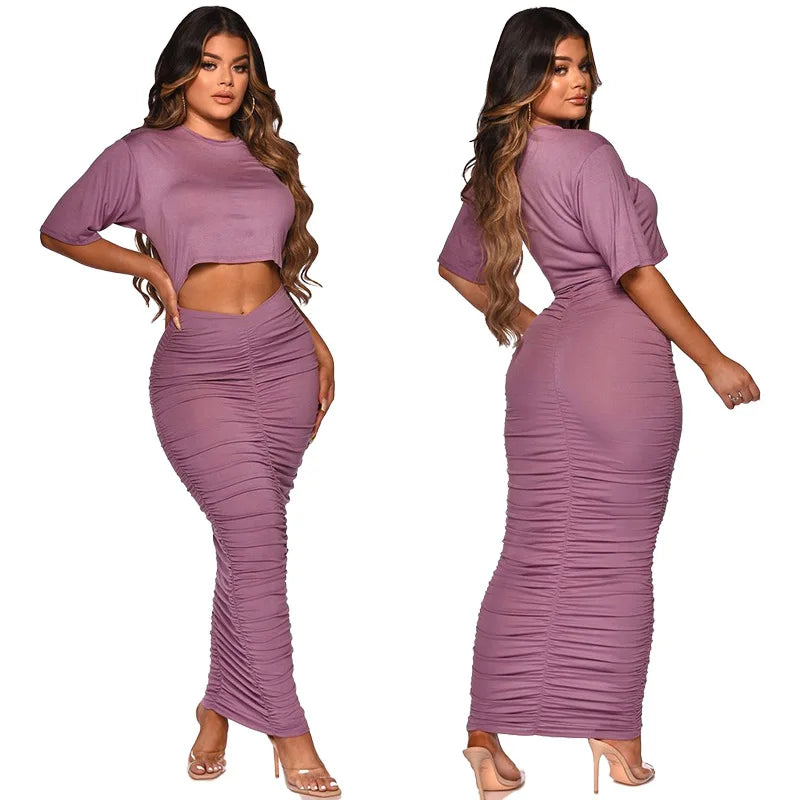 Sexy Elegant Women Skirt Set Half Sleeve Crop Top T Shirt+Skirts