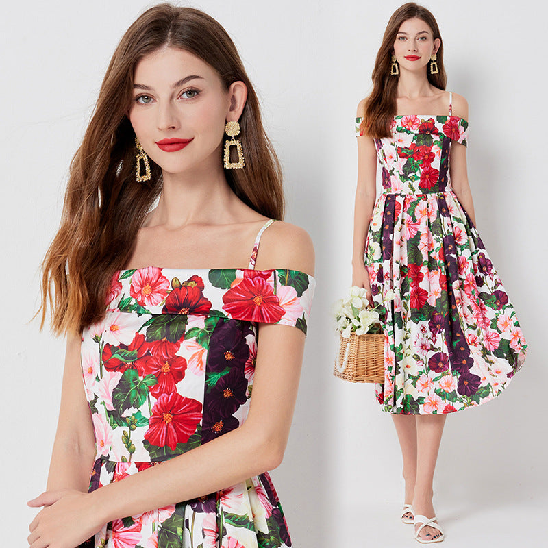 Floral print Off-shoulder Sling Dress