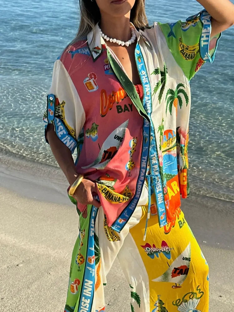 Summer Printed Short-sleeved Color Matching Rope Trousers Suit