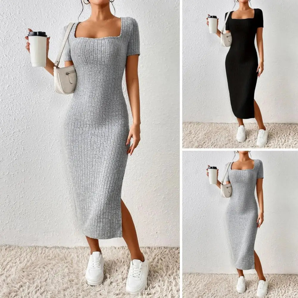 Solid Color Square Neckline Dress Midi Dress for Women