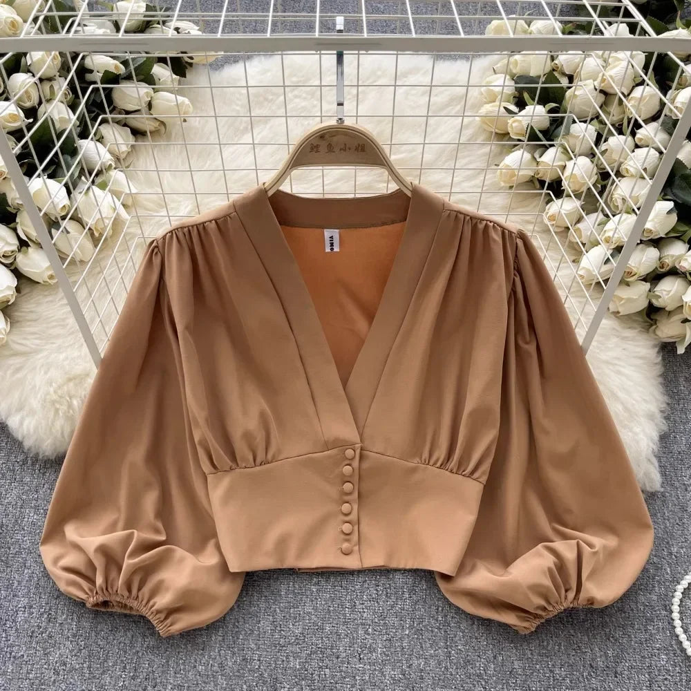 French Chic Elegant Shirts for Women V-neck Long Puff Sleeve
