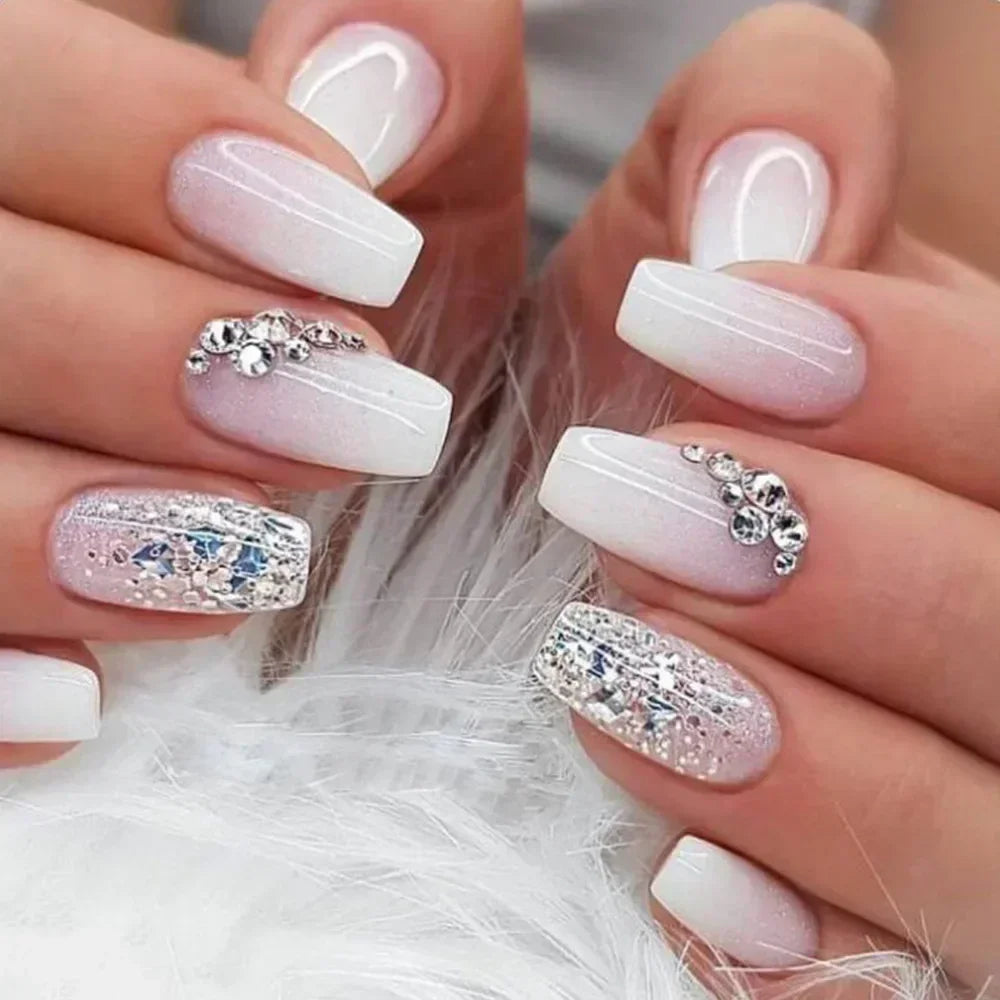 24Pcs Gradient Short Ballet Nails Set with Glue White Simple