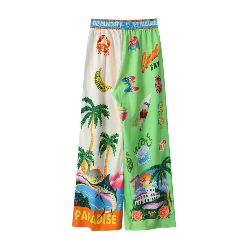 Summer Printed Short-sleeved Color Matching Rope Trousers Suit