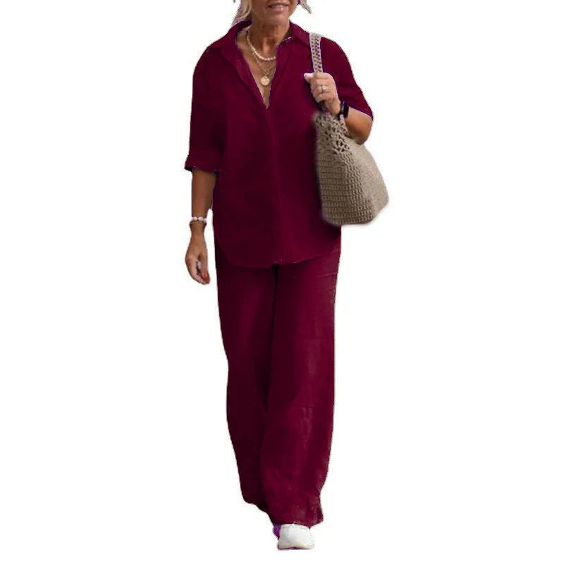 Long Sleeve Shirt Autumn Casual Solid Color Pants Wide Leg Suit