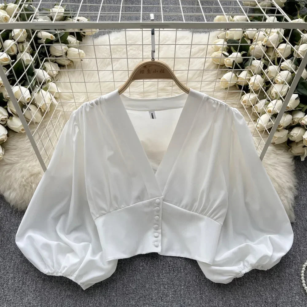French Chic Elegant Shirts for Women V-neck Long Puff Sleeve