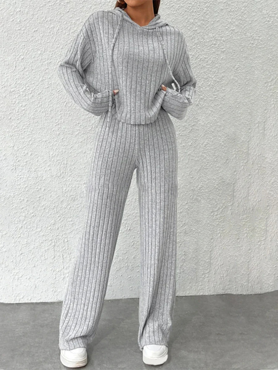 Women 2 Piece Outfits Knitted Hoodie and Wide Legs Pants