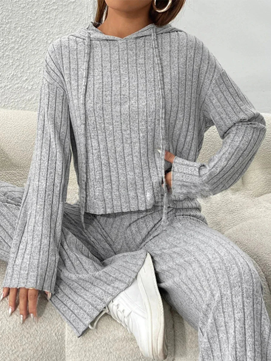 Women 2 Piece Outfits Knitted Hoodie and Wide Legs Pants