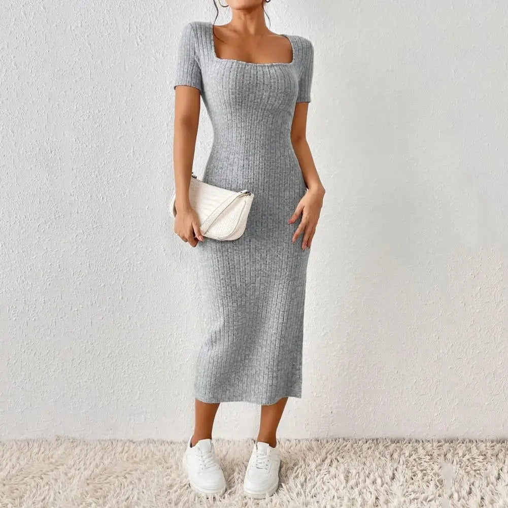 Solid Color Square Neckline Dress Midi Dress for Women