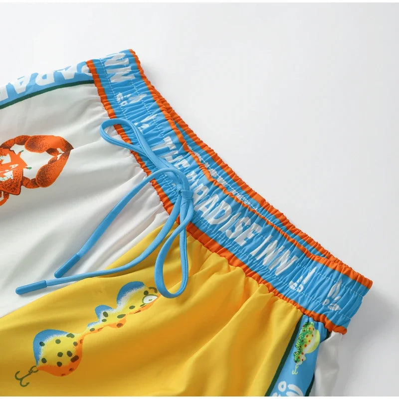 Summer Printed Short-sleeved Color Matching Rope Trousers Suit