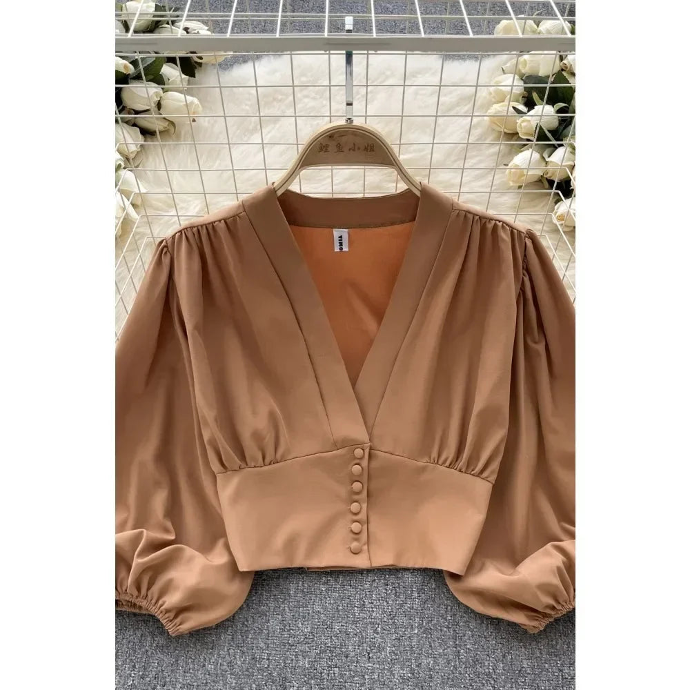 French Chic Elegant Shirts for Women V-neck Long Puff Sleeve