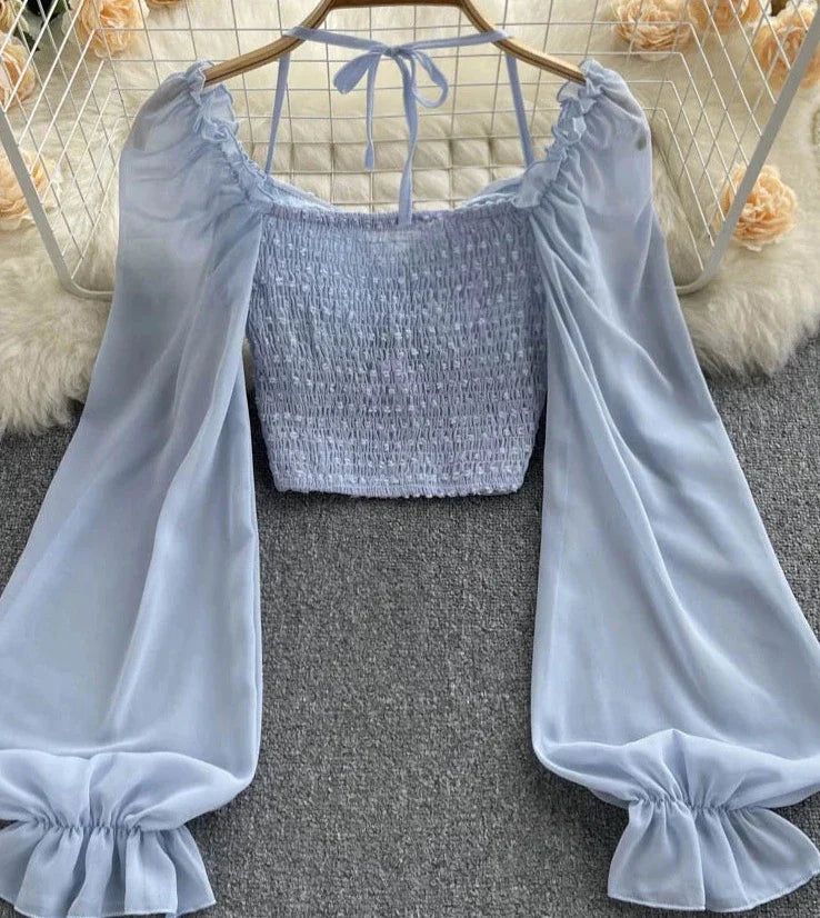 Women Short Blouse Summer Slash Neck Long Sleeve