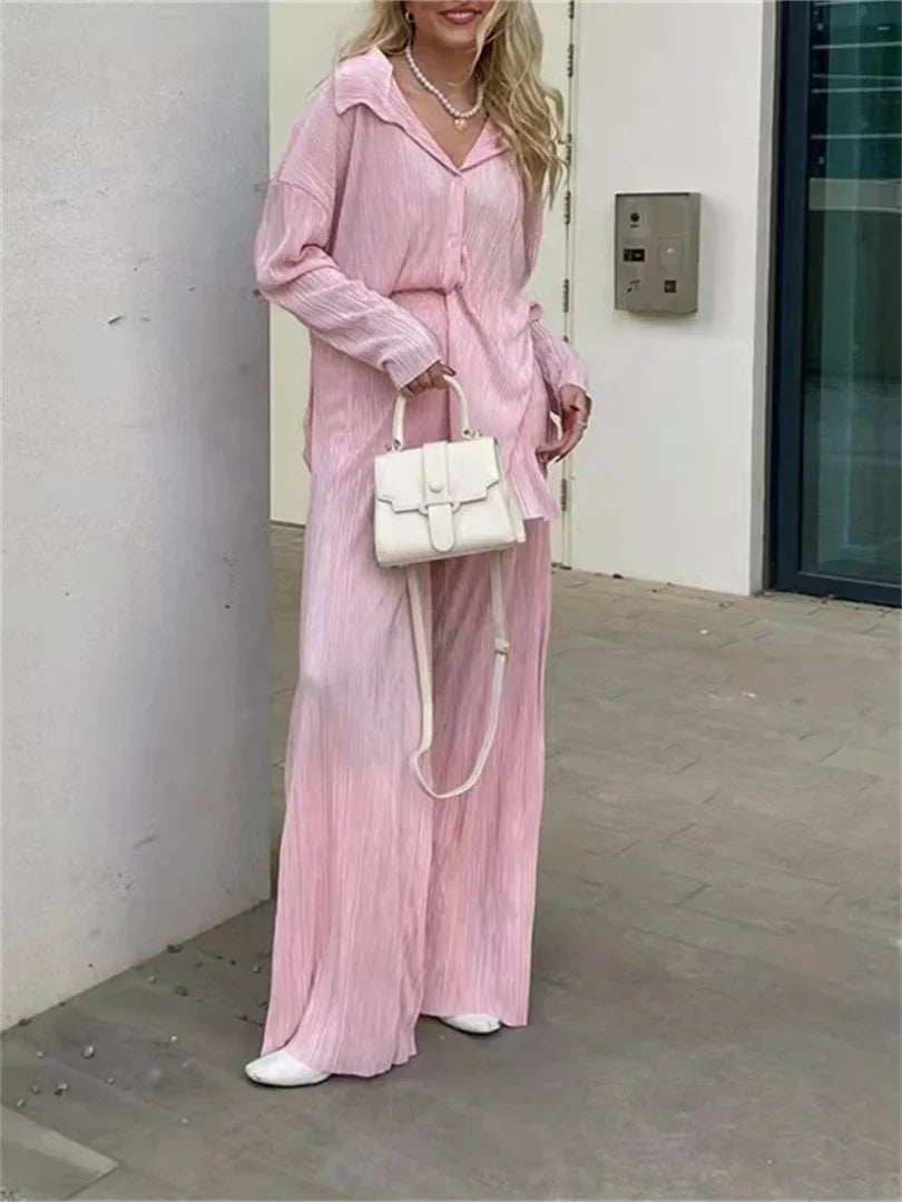 Women Pleated 2 Piece Pants Sets Loose Outfits
