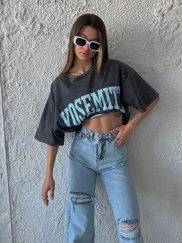Acid Washed T Shirt Women Vintage Cotton T-shirts Streetwear