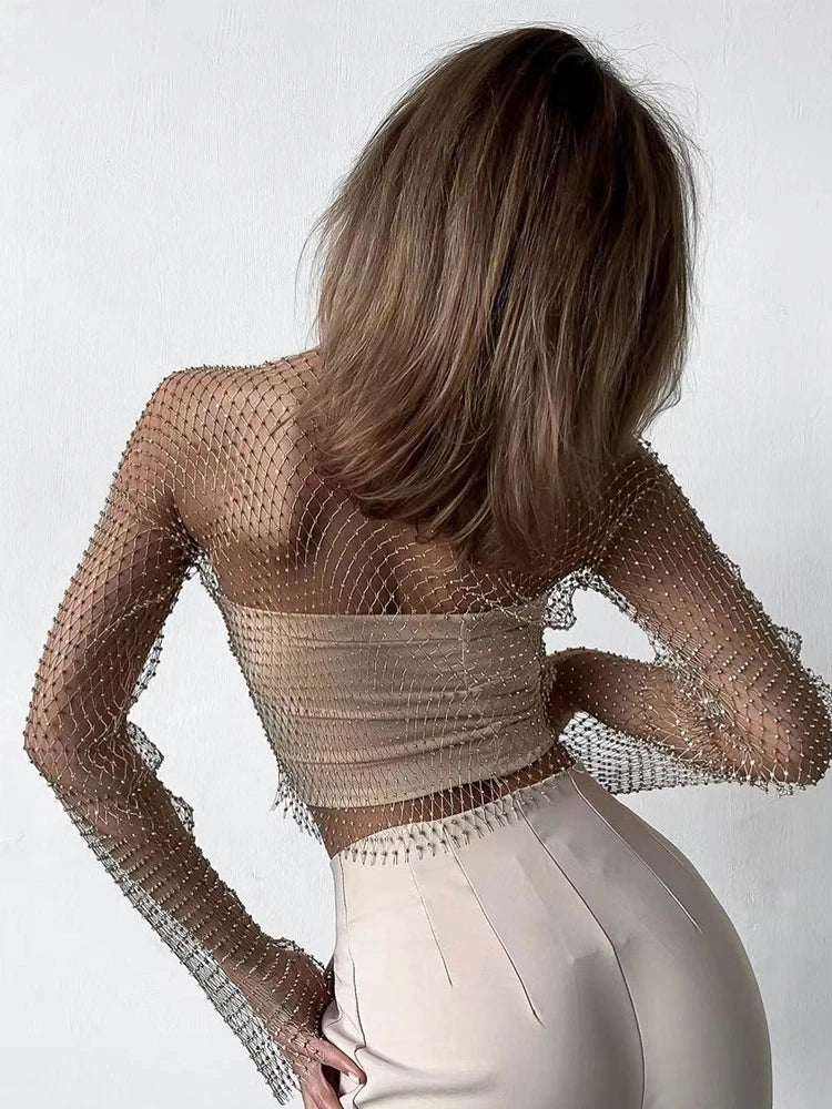 Women Sexy Mesh See Through T Shirt Shiny Rhinestone
