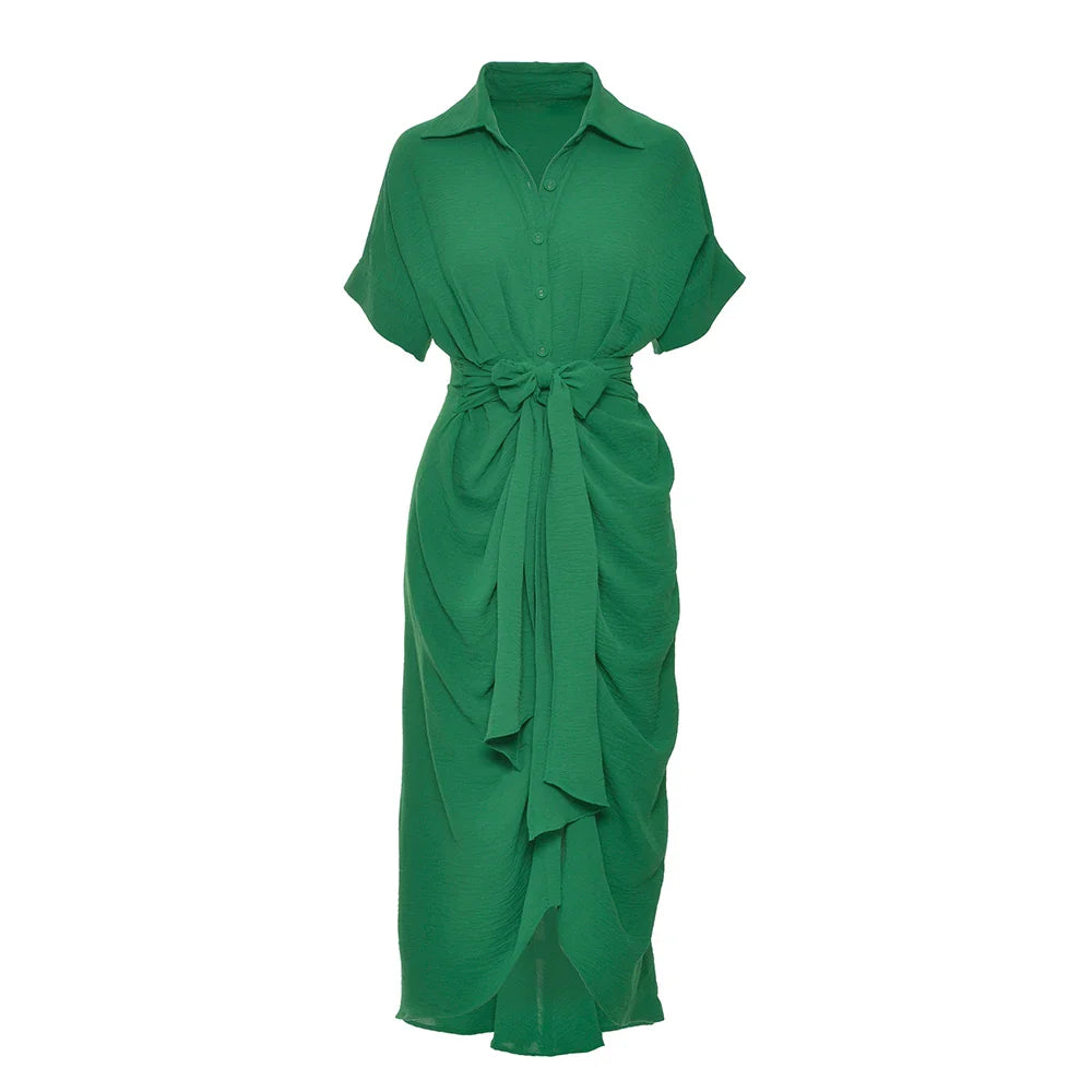 Women Elegant Lapel Short Sleeve Dress