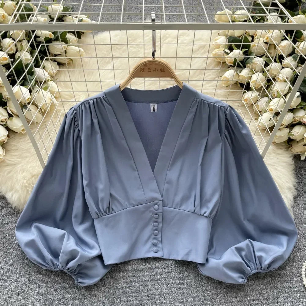 French Chic Elegant Shirts for Women V-neck Long Puff Sleeve