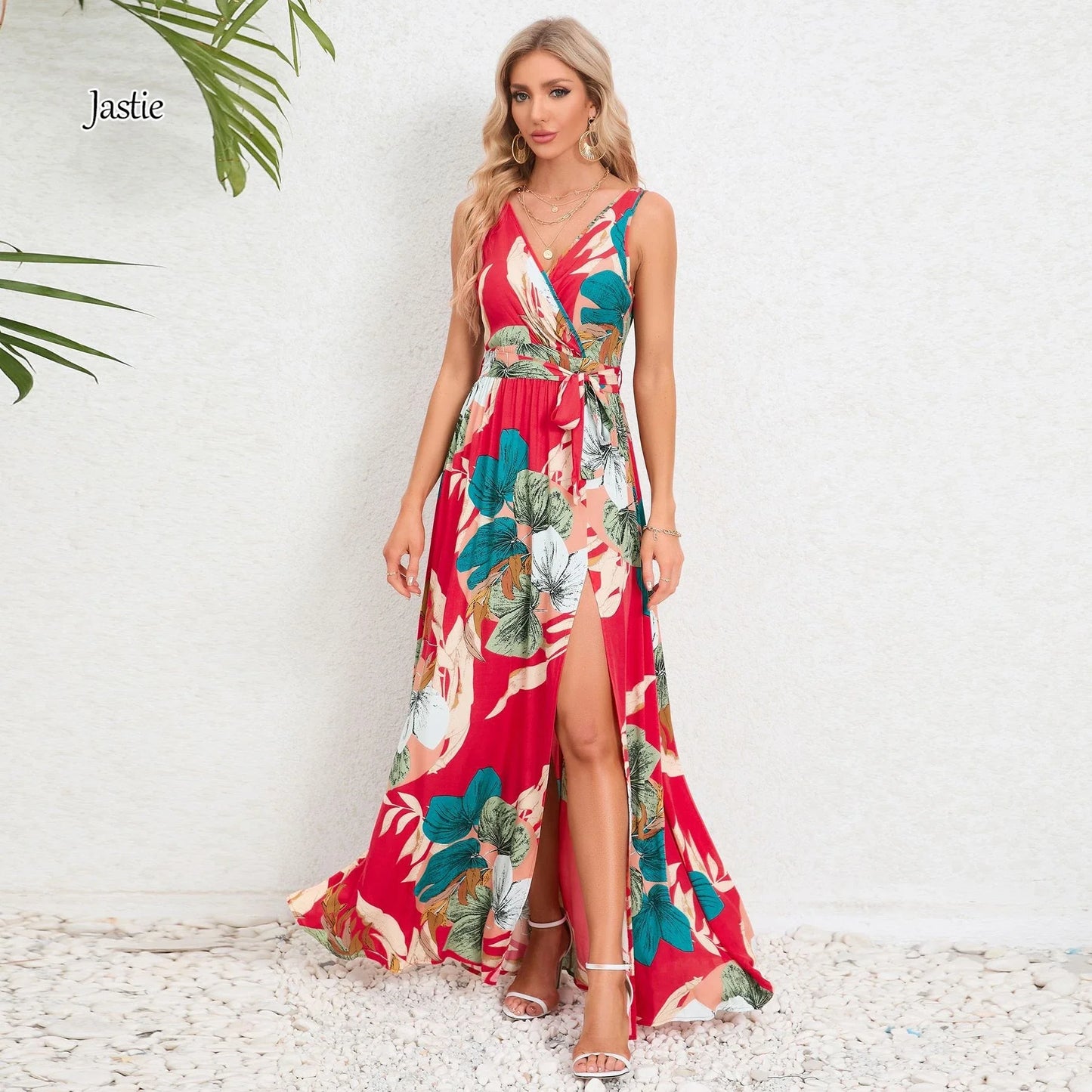 Jastie V-neck Sleeveless Print Long Camisole Dress