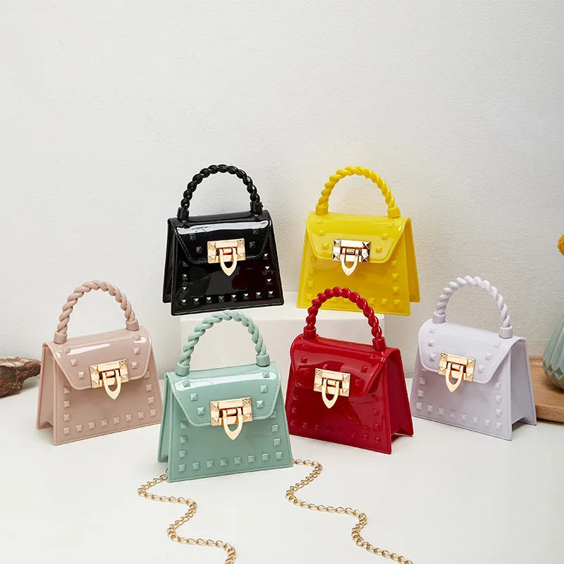 New Fashion Simple Solid Rivet Handheld PVS Mini Jelly Bag Single Shoulder Crossbody Mouth Red Bag Handbags