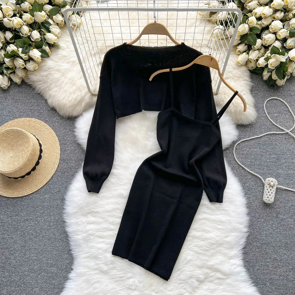 Women Dress Set strap Mini Dress + Full Sleeve Crop Top Streetwear Two Piece Suits